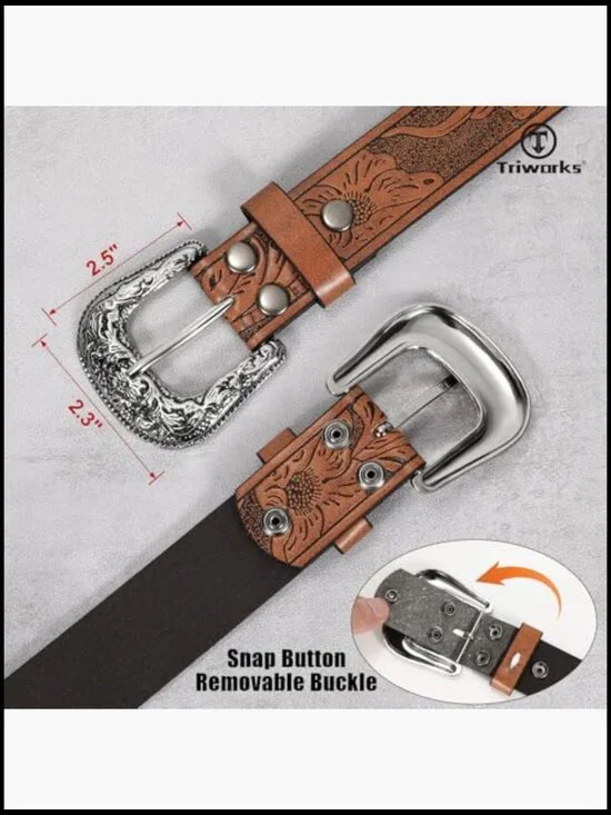 Vintage Western Belt Adjustable Floral Buckle PU Leather Cowboy Cowgirl Style - Picture 2 of 7